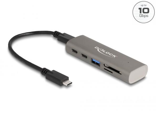Delock 3 portový rozbočovač USB 10 Gbps včetně čtečky karet SD a Micro SD s konektorem rozhraní USB Type-C™ 64236
