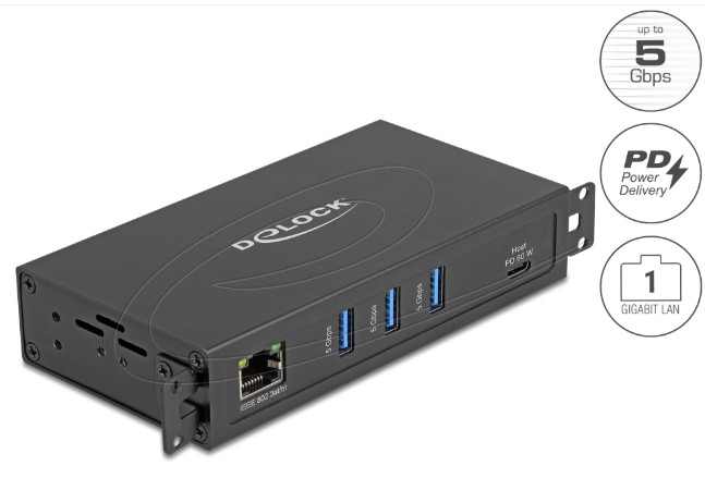 Delock 3 portový USB 5 Gbps Hub + port RJ45 Gigabit LAN s podporou PoE++ a s konektorem USB Type-C™, v kovovém pou 64336