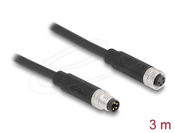 Delock 4 pinový kabel M8, A-kódovaný, ze zástrčkového na zásuvkový konektor, PUR (TPU), 3 m 80144