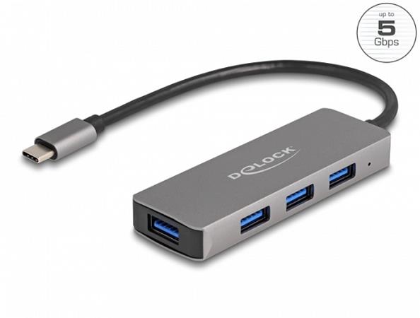 Delock 4 portový Hub USB 3.2 Gen 1 s konektorem USB Type-C™ – porty USB Typu-A na boku 63173
