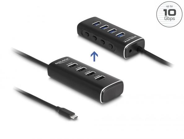 Delock 4 portový rozbočovač USB 10 Gbps s rozhraním USB Type-C™ a s konektorem, kabelem délky 60 cm a spínačem pro 64233