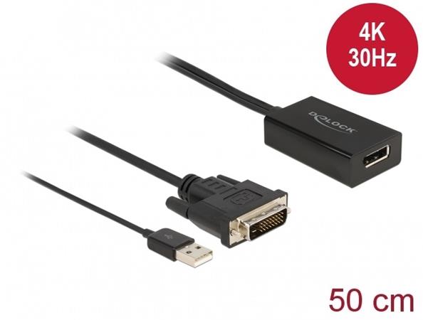 Delock Adaptér DVI samec na DisplayPort 1.2 samice černý 4K s funkcí HDR 50 cm 63189