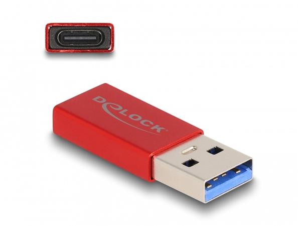 Delock Adaptér USB 10 Gbps, ze zástrčkového konektoru USB Typu-A na zásuvkový konektor USB Type-C™, aktivní červen 60044