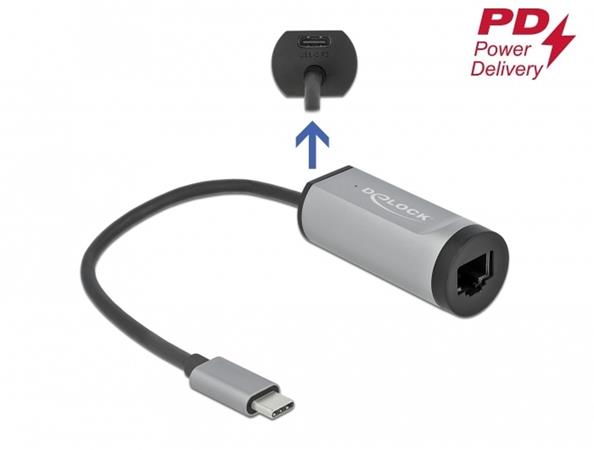 Delock Adaptér USB Type-C™ na Gigabit LAN s portem Power Delivery, šedé 64116