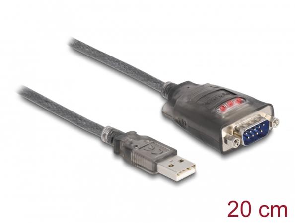 Delock Adaptér z USB 2.0 A na 1 x 9 pinový zástrčkový konektor RS-232 D-Sub s maticemi, se 3 x LED, délky 0,2m 61412