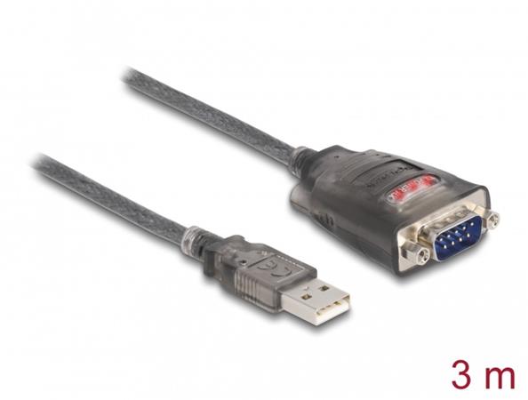 Delock Adaptér z USB 2.0 A na 1 x 9 pinový zástrčkový konektor RS-232 D-Sub s maticemi, se 3 x LED, délky 3m 61548