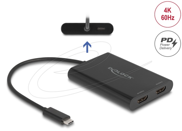 Delock Adaptér z USB Type-C™ na 2 x HDMI, 4K 60 Hz, s grafikou DisplayLink® a USB PD 64309