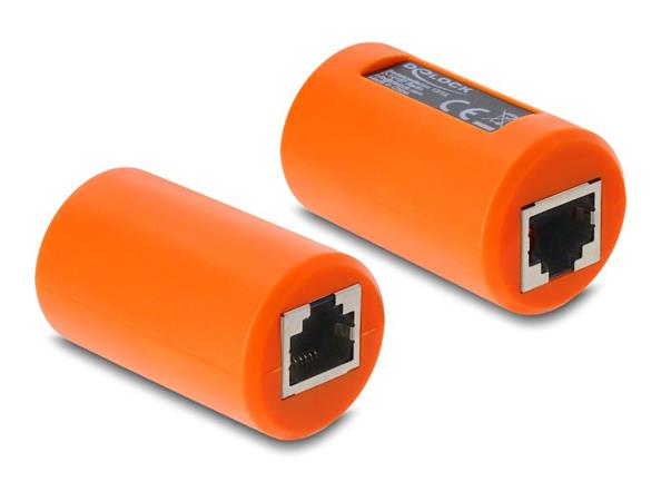Delock Adaptérová spojka RJ45 ze zásuvky na zásuvku Cat.6A, stíněná, s ochranou proti přepětí, kulatá, oranžová 90988