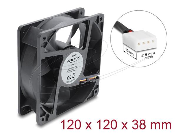 Delock Axiální ventilátor 48 V DC, 120 x 120 x 38 mm s 4 pinovým zásuvkovým konektorem ventilátoru PWM, černý 67454