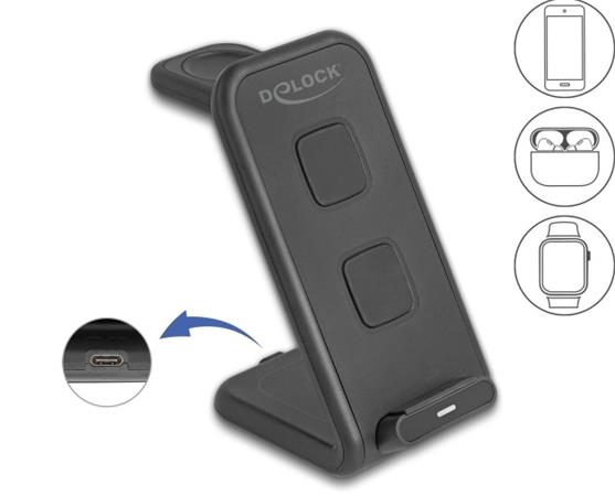 Delock Bezdrátová nabíječka 3 v 1 se 2 nabíjecími cívkami 5 W / 5 W / 15 W 66941