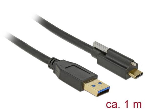 Delock Cable SuperSpeed USB 10 Gbps (USB 3.1 Gen 2) Type-A male > USB Type-C™ male with screw on top 1 m black 83717