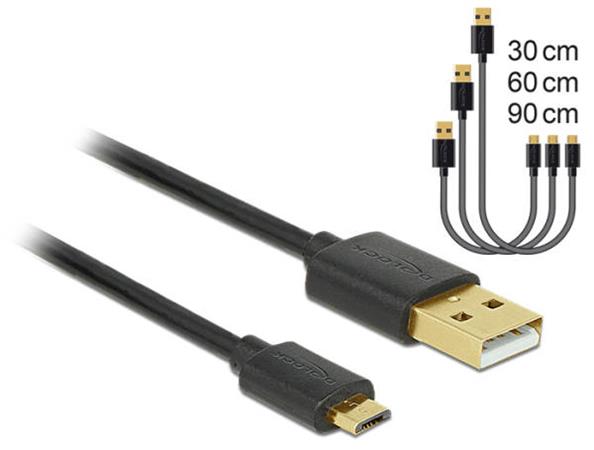 Delock Datový a rychlonabíjecí kabel USB 2.0 Typ-A samec > USB 2.0 Typ Micro-B samec sada 3 kusů černý 83680