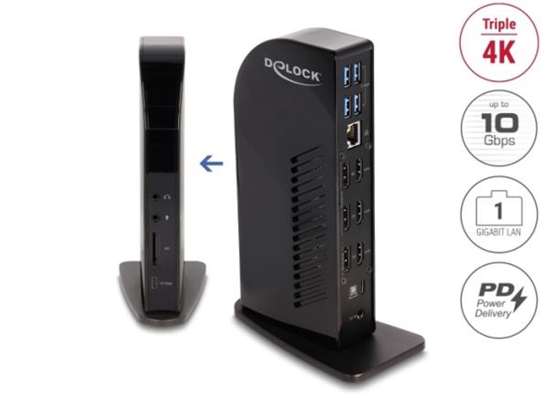 Delock Dokovací stanice na tři displeje USB Type-C™ s rozhraními DisplayLink® 4K / USB Hub / LAN / SD / Audio / PD 88051