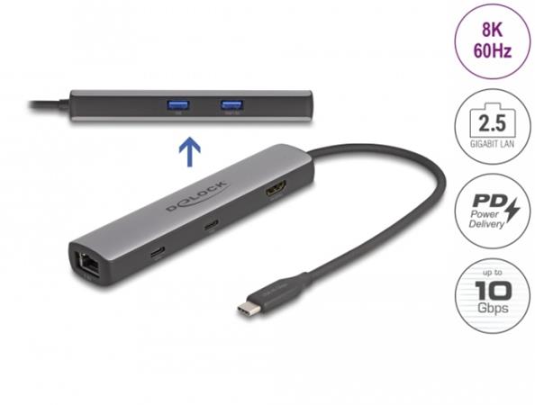 Delock Dokovací stanice USB 40 Gbps USB Type-C™ 8K - HDMI / USB 10 Gbps / 2,5 Gigabit LAN / PD 3.0 100 W 87865
