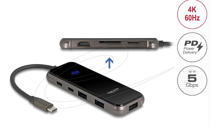 Delock Dokovací stanice USB Type-C™ 4K – HDMI / USB Hub / SD - Micro SD slot / PD 3.0 85 W s povrchem z tvrzeného 92001