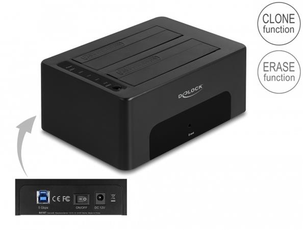 Delock Duální USB dokovací stanice pro 2 x HDD / SSD SATA s funkcemi klonování a mazání 64187