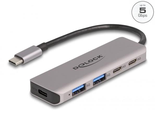 Delock Dvouportový rozbočovač sítě USB 5 Gbps se dvěma porty USB Type-C™, se dvěma porty Typu-A a s konektorem USB 64239