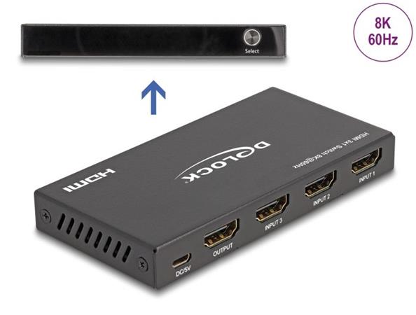Delock HDMI Switch 3 x vstupní porty HDMI na 1 x výstupní port HDMI, 8K 60 Hz 18603