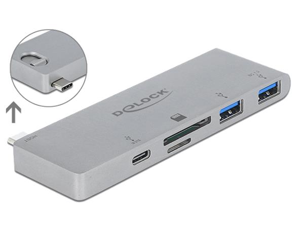 Delock Hub se 3 porty a čtečka karet se 2 sloty pro MacBook s PD 3.0 a zatažitelným připojením USB Type-C™ 64078