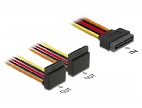 Delock Kabel SATA 15 pin napájecí samec s aretací > 2 x SATA 15 pin napájecí samice nahoru 15 cm 60170