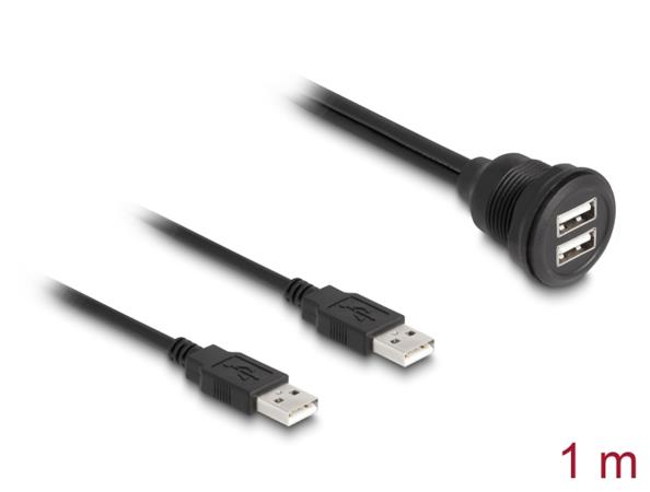 Delock Kabel USB 2.0, 2 x USB Typ-A zástrčky na 2 x USB Typ-A zásuvku, k vestavění, 1 m, černý 88104