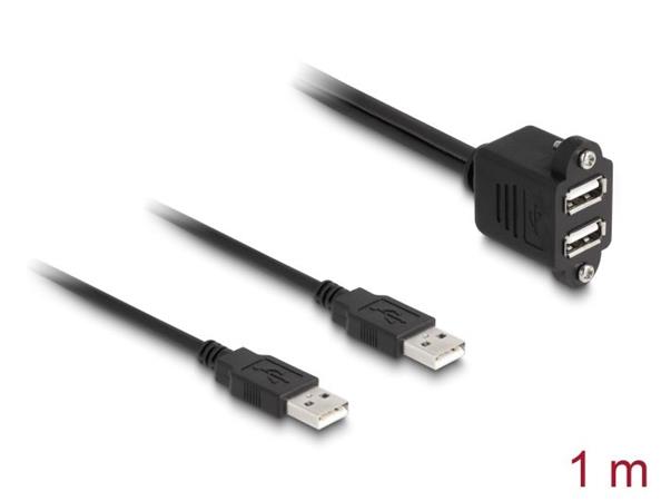 Delock Kabel USB 2.0, 2 x USB Typ-A zástrčky na 2 x USB Typ-A zásuvku, se šrouby, k vestavění, 1 m, černý 88105