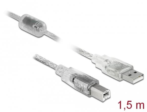 Delock Kabel USB 2.0 Typ-A samec > USB 2.0 Typ-B samec 1,5m transparentní 83893
