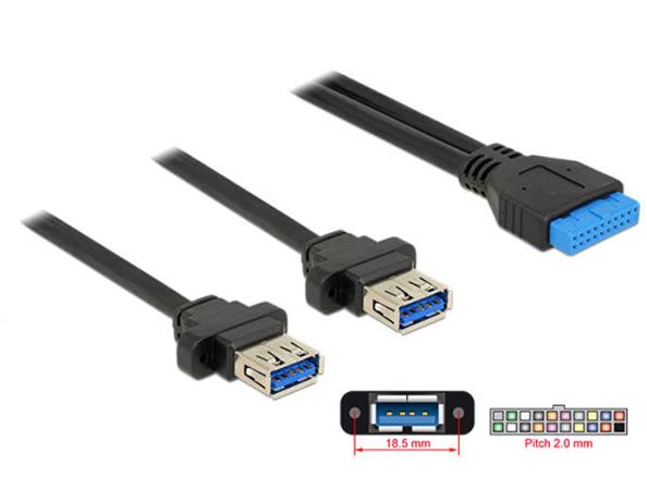 Delock Kabel USB 3.0 pin konektor samice 2,00 mm 19 pin > 2 x USB 3.0 Typ-A samice panel pro montáž 80 cm 85244