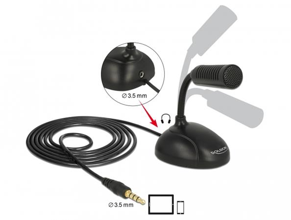 Delock Kondenzátorový mikrofon všesměrový pro Smartphon / Tablet s husím krkem 3,5 mm 4 pin stereo jack samec + 3, 65872
