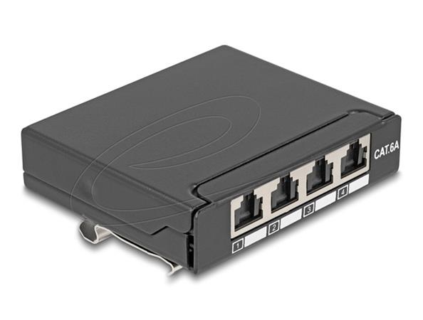 Delock Mini Desktop Patch Panel RJ45 jack 4 porty Cat.6A stíněný černý - pro montáž na stůl, zeď nebo DIN lištu 90378