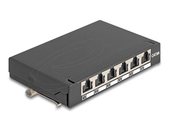 Delock Mini Desktop Patch Panel RJ45 jack 6 porty Cat.6A stíněný černý - pro montáž na stůl, zeď nebo DIN lištu 90379