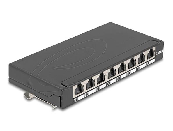 Delock Mini Desktop Patch Panel RJ45 jack 8 porty Cat.6A stíněný černý - pro montáž na stůl, zeď nebo DIN lištu 90573