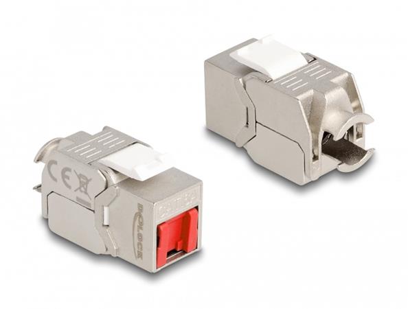 Delock Modul Keystone RJ45, ze zásuvky na LSA, Cat.6A, beznástrojový, s červeným protiprachovým krytem 87952