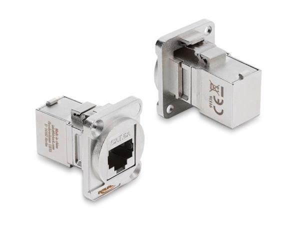 Delock Modul typu D RJ45 ze zásuvky na zásuvku, pravoúhlý, 90°, Cat.6A, stříbrný 91176