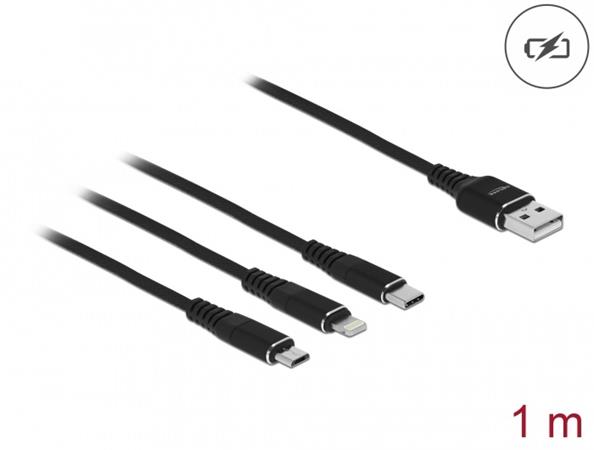 Delock Nabíjecí kabel USB 3 v 1 pro Lightning™ / Micro USB / USB Type-C™, 1 m černá 87155