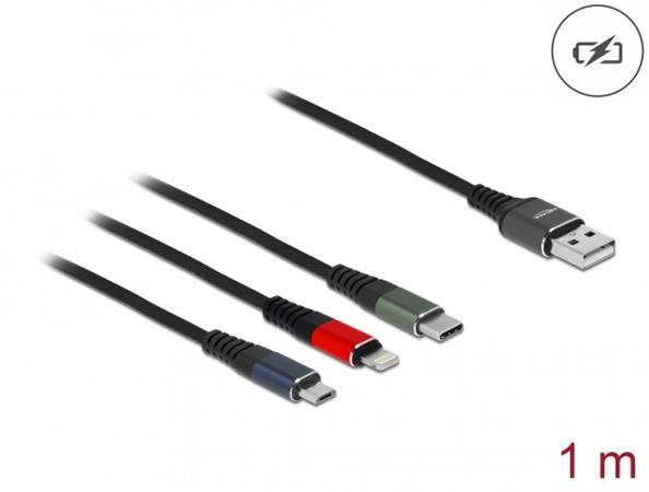 Delock Nabíjecí kabel USB 3 v 1 pro Lightning™ / Micro USB / USB Type-C™, 1 m, trojbarevný 87277