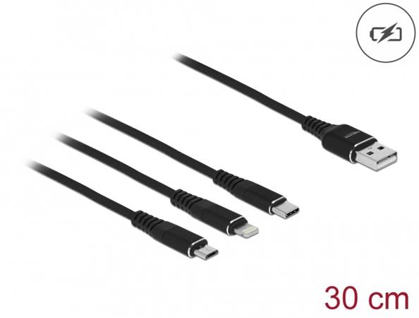 Delock Nabíjecí kabel USB 3 v 1 pro Lightning™ / Micro USB / USB Type-C™, 30 cm černá 87152