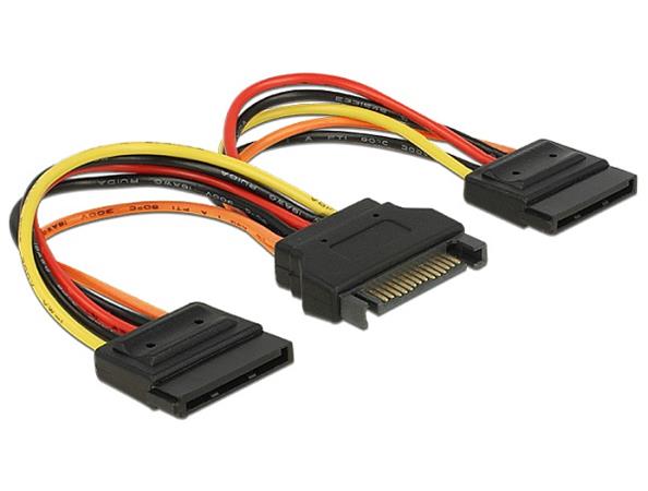 Delock Napájecí kabel SATA 15 pin samec > 2 x Power SATA 15 pin samice 15 cm 60143