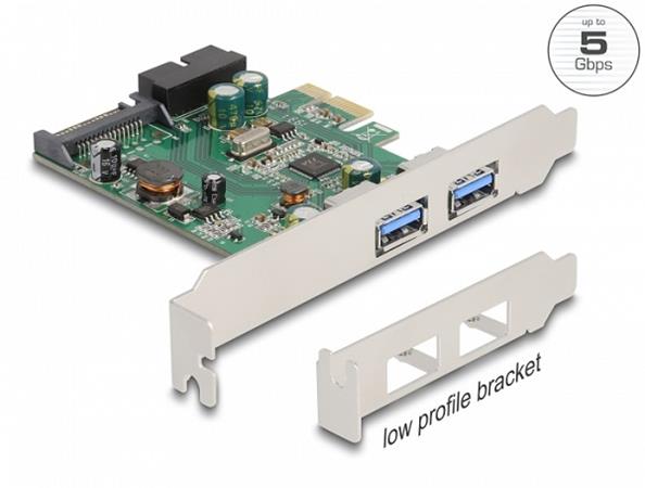 Delock PCI Express x1 Karta na 2 externí rozhraní USB 3.2 Gen 1 Typu-A + 1 x interní 19-pinovou zástrčkovou hlavic 90096