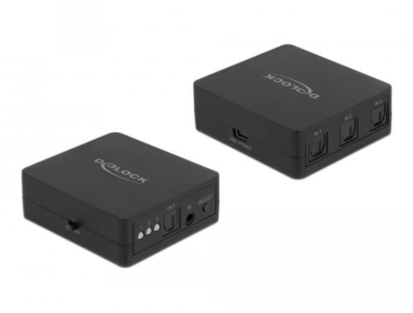Delock Přepínač S/PDIF TOSLINK 3 v 1 výstup s infračerveným dálkovým ovládáním a napájený přes USB 63395