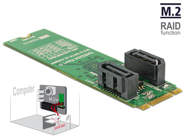 Delock Převodník M.2 Key B+M samec > 2 x SATA 7 pin samec s RAID 62961