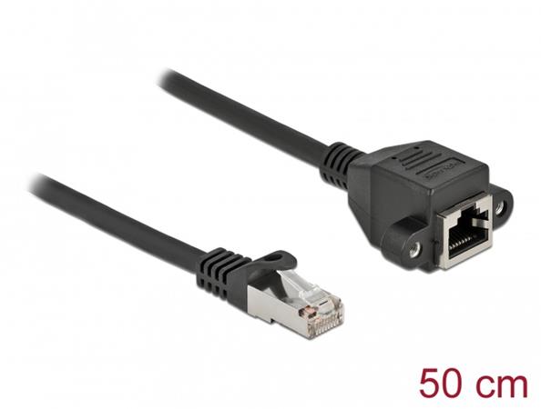 Delock Prodlužovací síťový kabel, ze zástrčky S/FTP RJ45 na zásuvku RJ45, Cat.6A, délka 50 cm, černý 86999