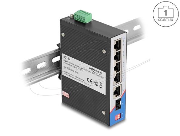 Delock Průmyslový Gigabit Ethernet Switch s 4 porty PoE a 1 port RJ45 a 1 port SFP, na DIN lištu 80164