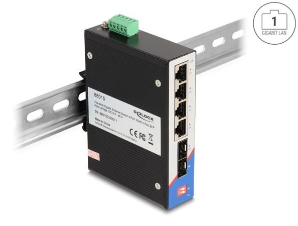 Delock Průmyslový přepínač sítě Gigabit Ethernet se 4 porty RJ45 a 2 porty SFP, na DIN lištu 88015