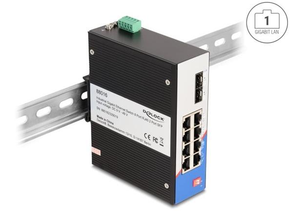 Delock Průmyslový přepínač sítě Gigabit Ethernet se 8 porty RJ45 a 2 porty SFP, na DIN lištu 88016