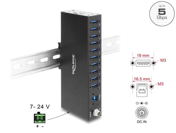 Delock Průmyslový rozbočovač ze 10 x USB 5 Gbps Typ-A s ochranou proti elektrostatickému výboji (ESD) až 8 kV a s 60792