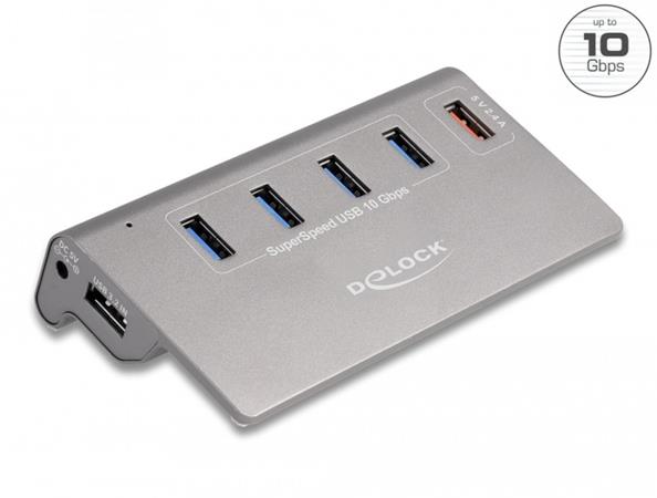 Delock Rozbočovač USB 10 Gbps se 4 porty USB Typu-A a jedním portem pro rychlé nabíjení včetně napájecího zdroje 64182