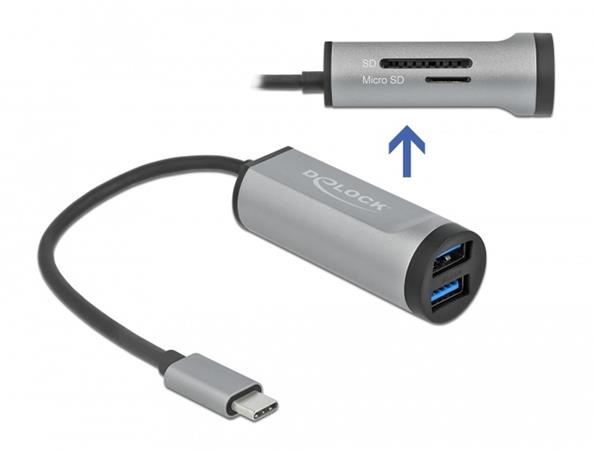 Delock Rozbočovač USB 3.2 Gen 1 se 2 porty a s připojením USB Type-C™ a slotem pro kartu SD + Micro SD 64115