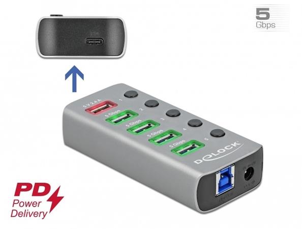 Delock Rozbočovač USB 3.2 Gen 1 se 4 porty + 1 rychlonabíjecím portem + 1 portem USB-C™ PD 3.0 s přepínačem a osvě 63263