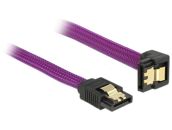 Delock SATA kabel 6 Gb/s, 50 cm otočený dole/rovný, kovové svorky, fialový Premium 83696